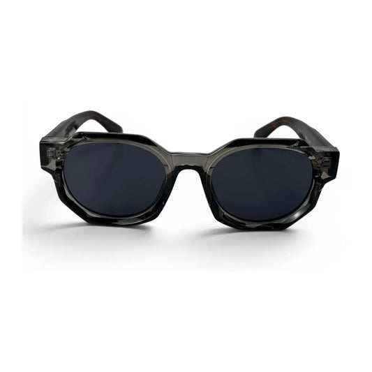 The Monolith chunky octagon sunglasses in smoke gray with tortoise temples and dark gray lenses, front view