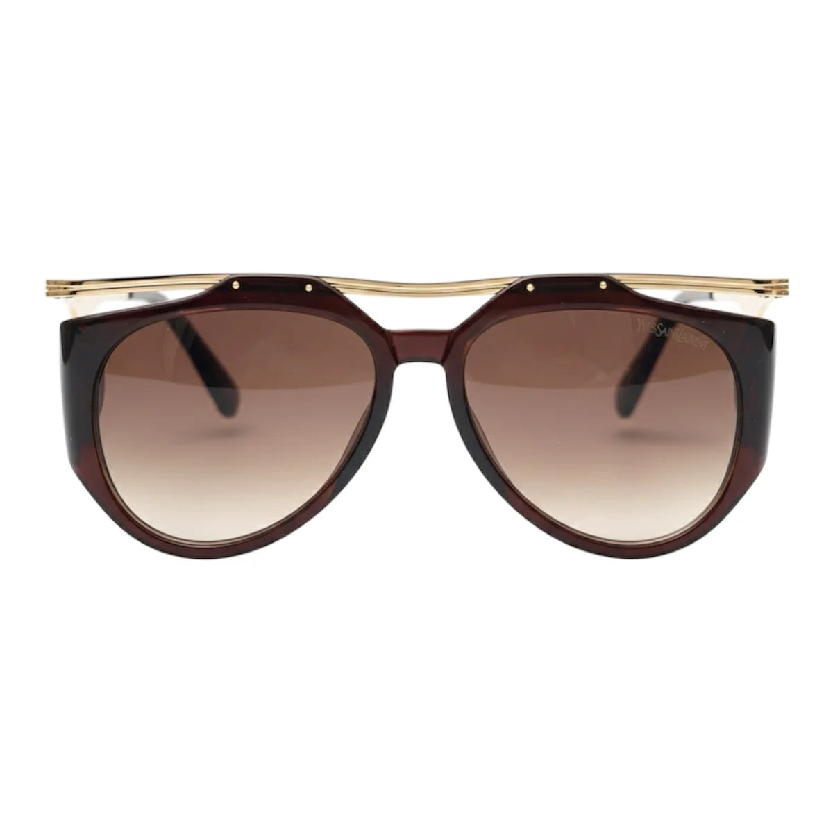 Sunglasses with gold frame and brown gradient lenses on a white background