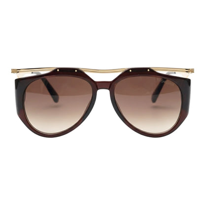 Sunglasses with gold frame and brown gradient lenses on a white background