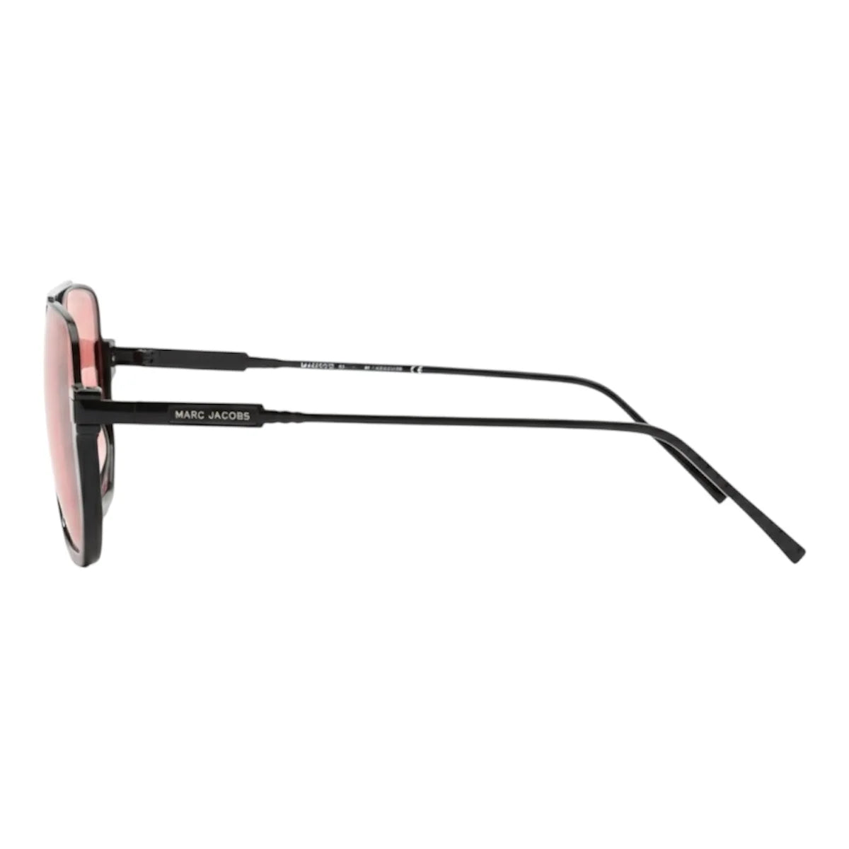 Sunglasses with pink lenses and black frame on a white background