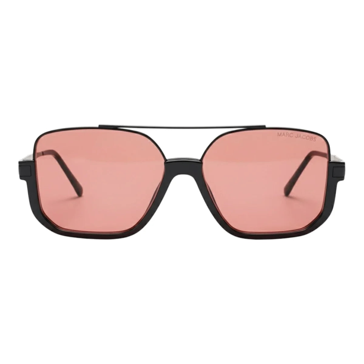 Sunglasses with pink lenses and black frame on a white background
