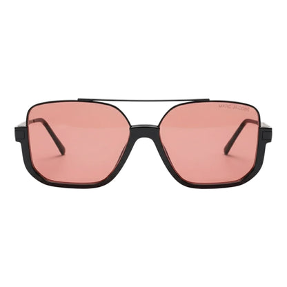 Sunglasses with pink lenses and black frame on a white background