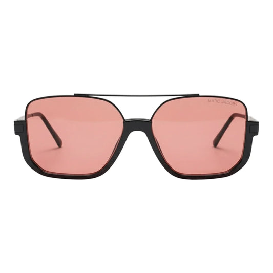 Sunglasses with pink lenses and black frame on a white background