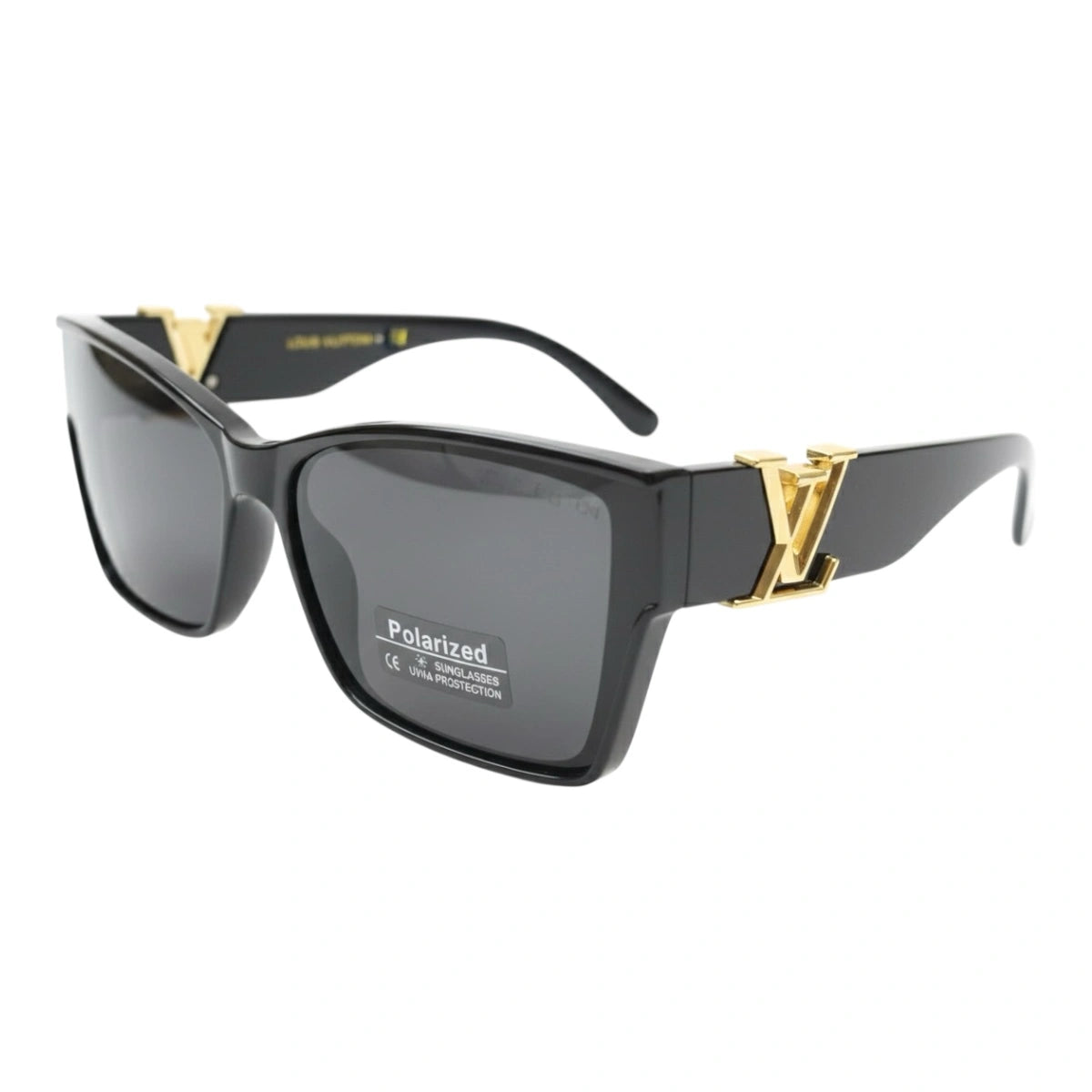 Sunglasses with black frame and gold accents on a white background