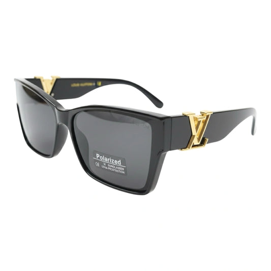 Sunglasses with black frame and gold accents on a white background
