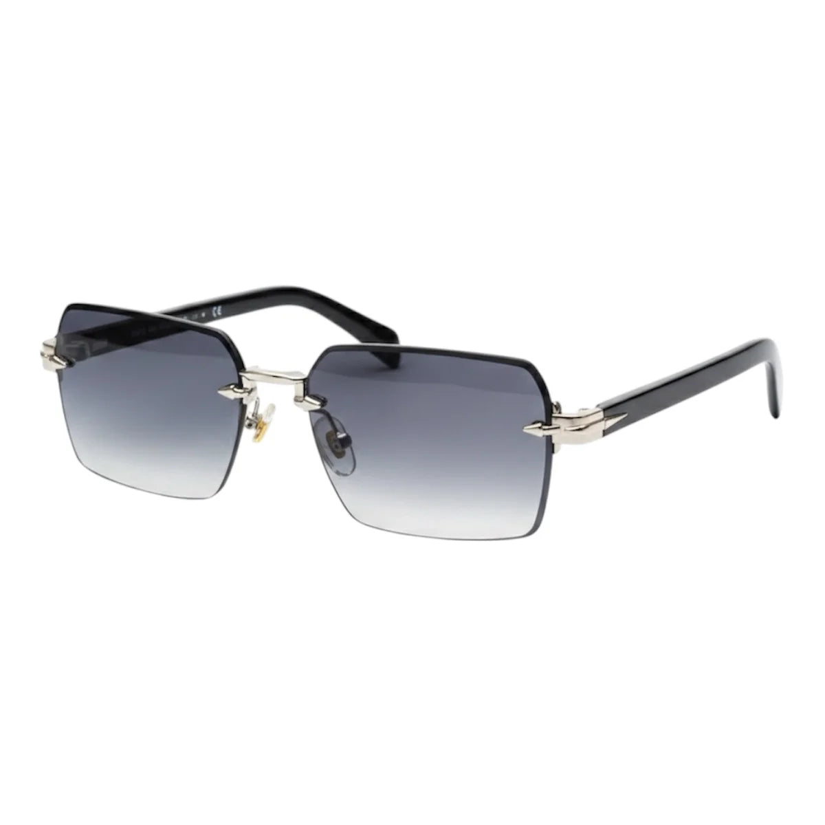 Sunglasses with black gradient lenses and gold frame on a white background
