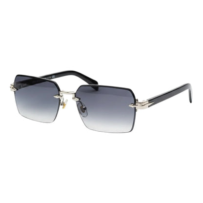 Sunglasses with black gradient lenses and gold frame on a white background
