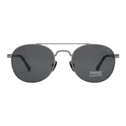 Sunglasses with dark lenses and metal frame on a white background