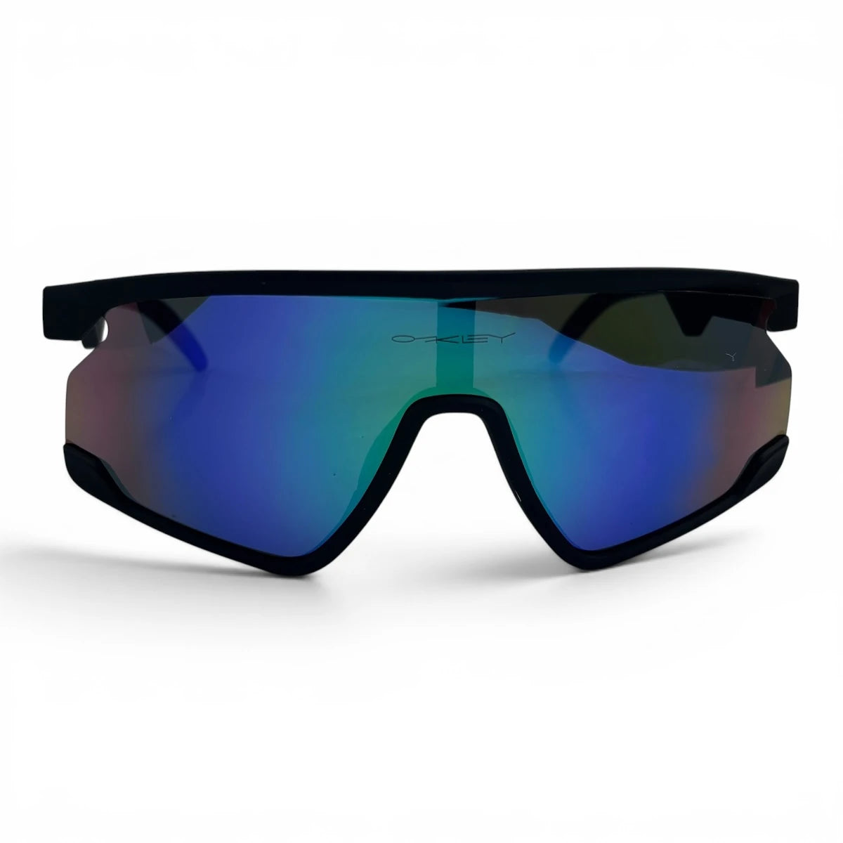 The Aero Sport Shield sunglasses in Black with Blue Purple Mirror lenses, angled three-quarter view