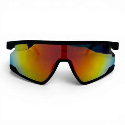 The Aero Sport Shield sunglasses in Black with Red Yellow Mirror lenses, angled three-quarter view