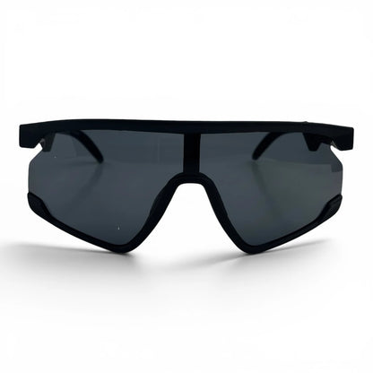 The Aero Sport Shield sunglasses in Black with Smoke lenses, angled three-quarter view