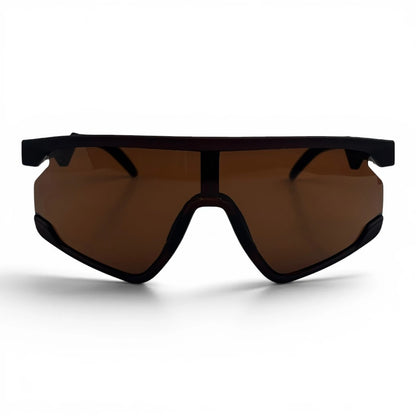 The Aero Sport Shield sunglasses in Brown with Brown lenses, angled three-quarter view