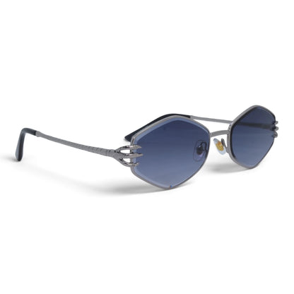 U&EYE The Amaris small oval sunglasses in Gunmetal / Navy Gradient — angled view