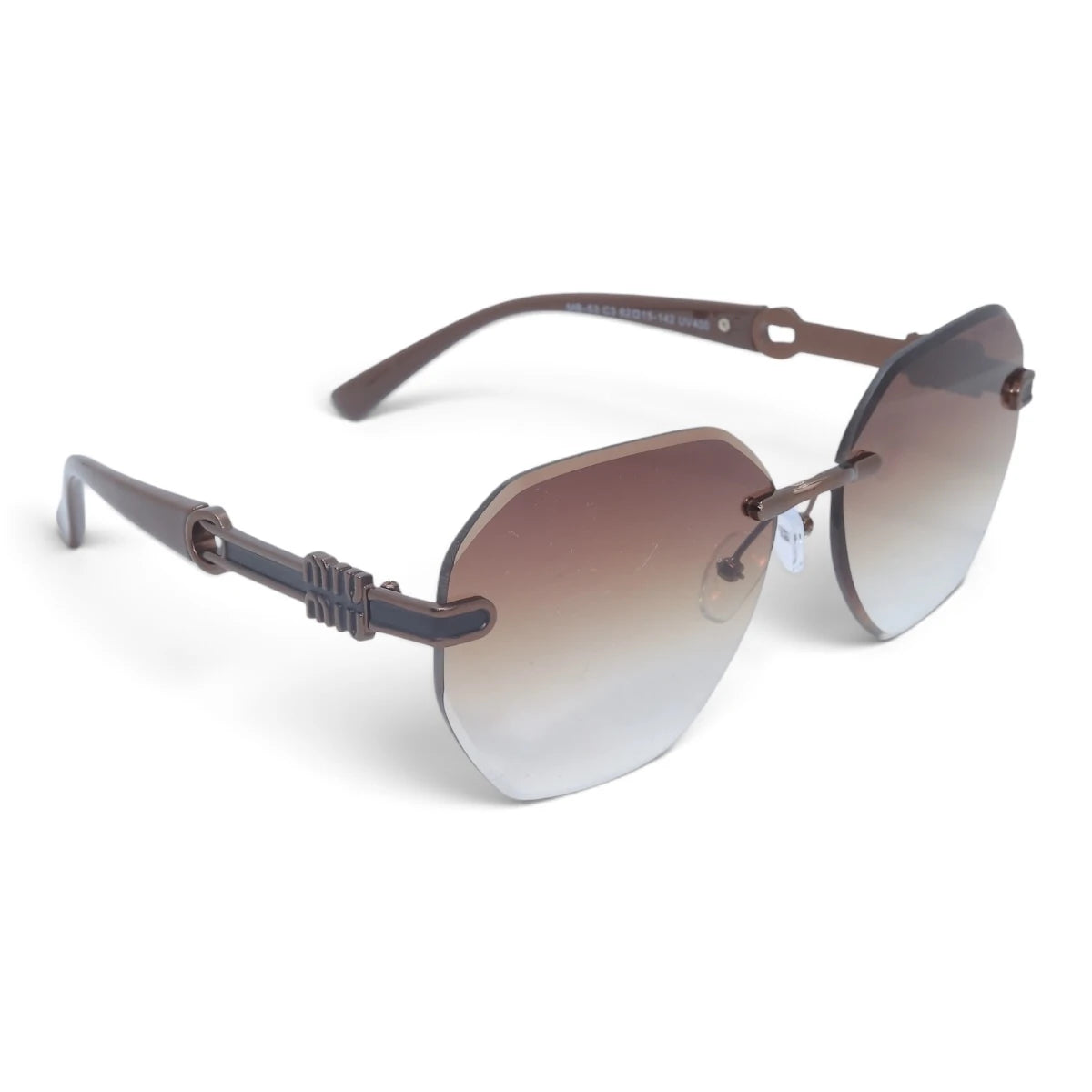 U&EYE The Aurelia rimless butterfly sunglasses in Brown / Brown-Clear Gradient — angled view