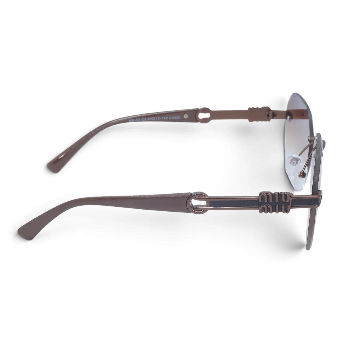 U&EYE The Aurelia rimless butterfly sunglasses in Brown / Brown-Clear Gradient — side view