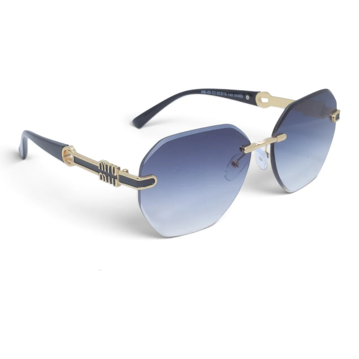 U&EYE The Aurelia rimless butterfly sunglasses in Gold / Violet-Blue Gradient — angled view