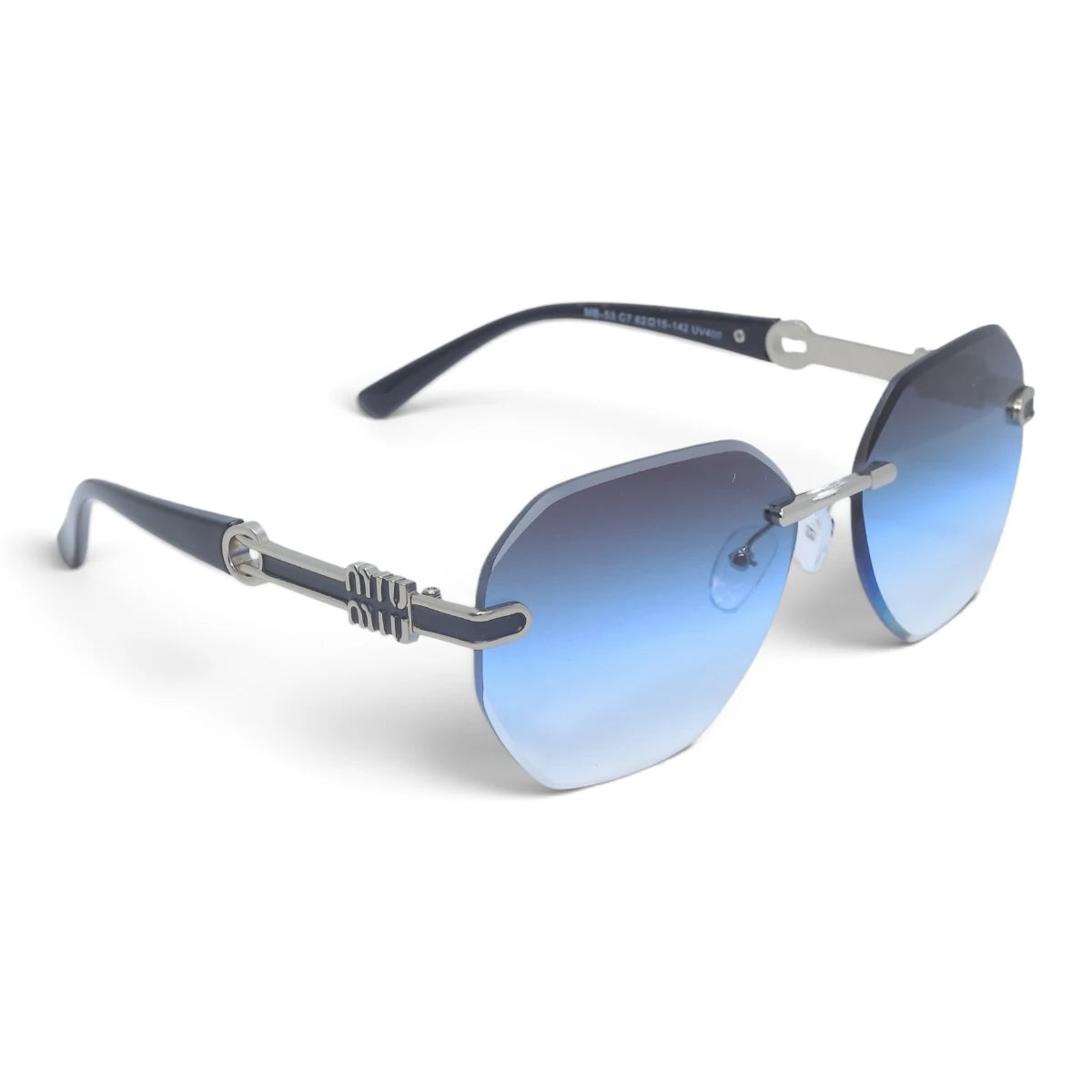 U&EYE The Aurelia rimless butterfly sunglasses in Silver / Blue Gradient — angled view