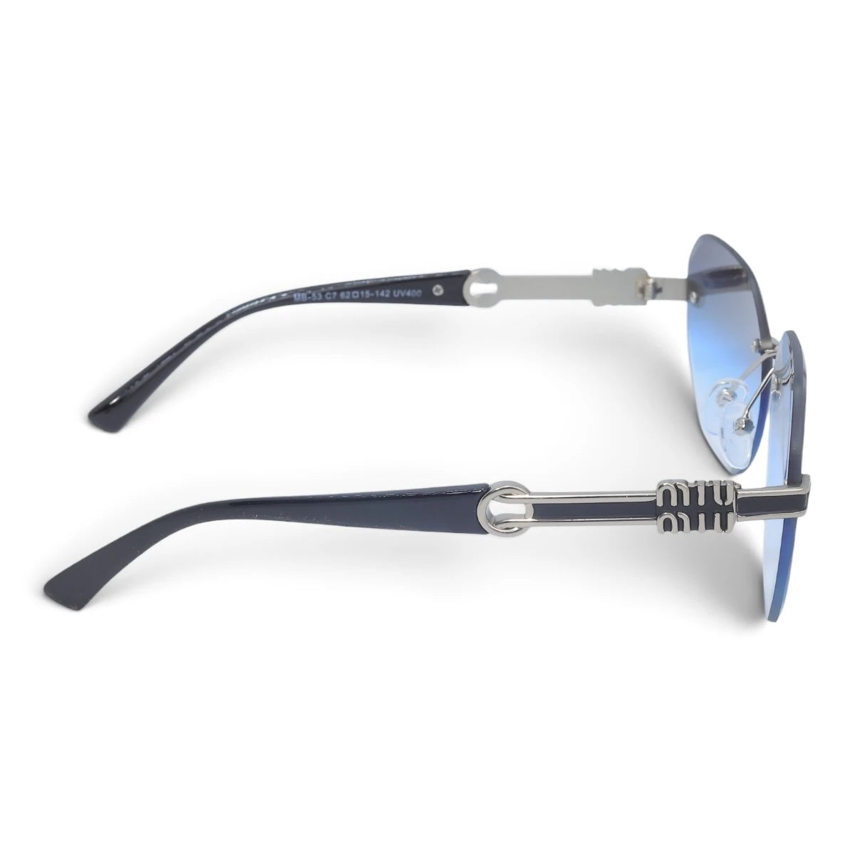 U&EYE The Aurelia rimless butterfly sunglasses in Silver / Blue Gradient — side view