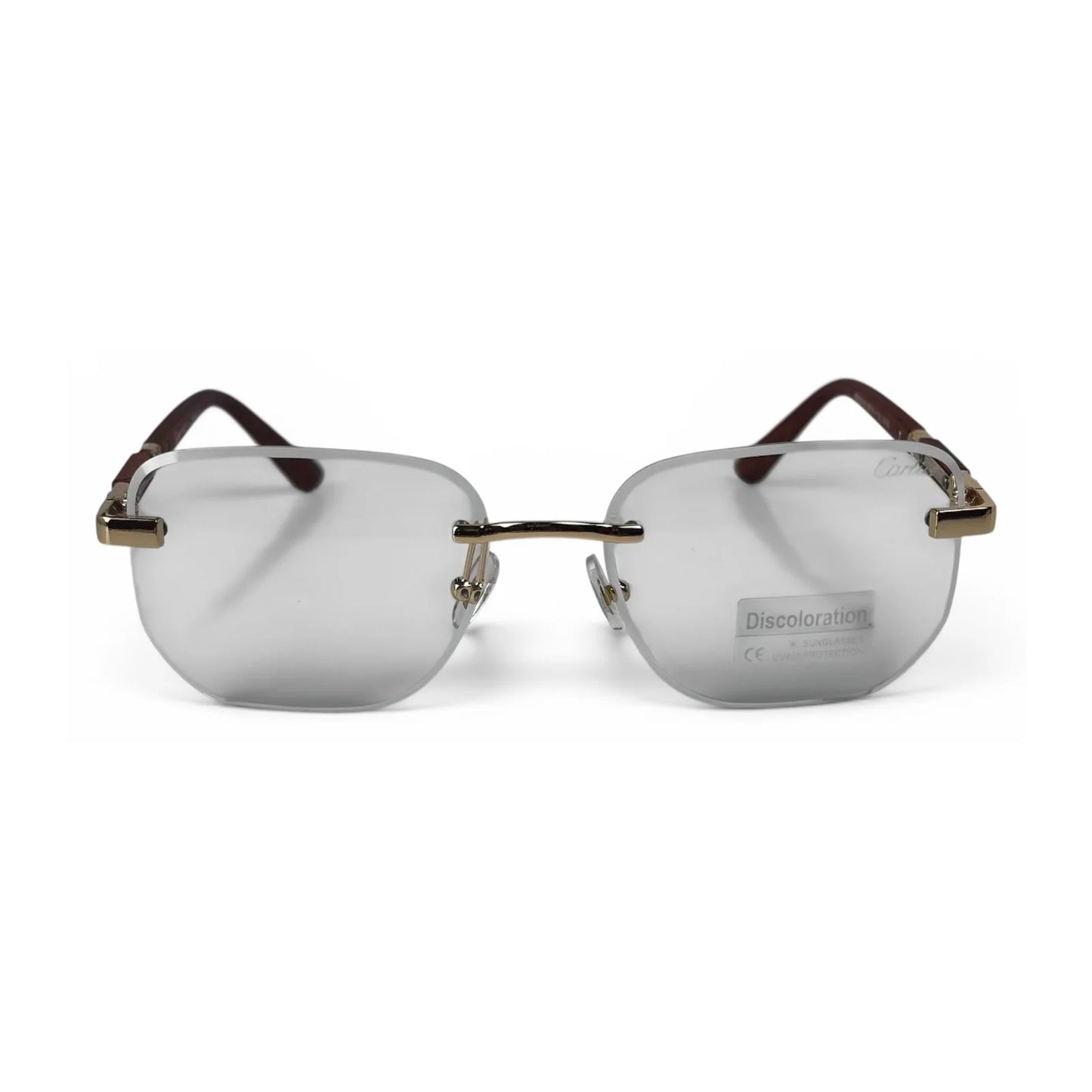 The Auren Rimless Geometric sunglasses in Gold Brown with Clear lenses, straight front view
