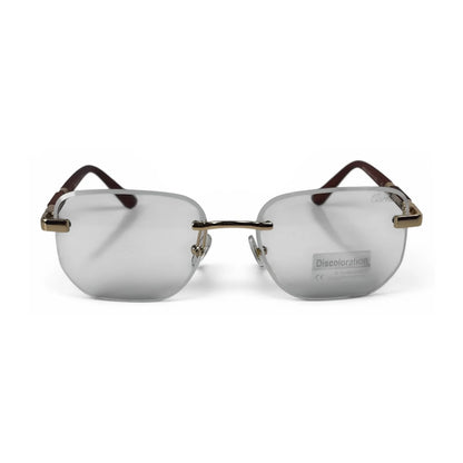 The Auren Rimless Geometric sunglasses in Gold Brown with Clear lenses, straight front view