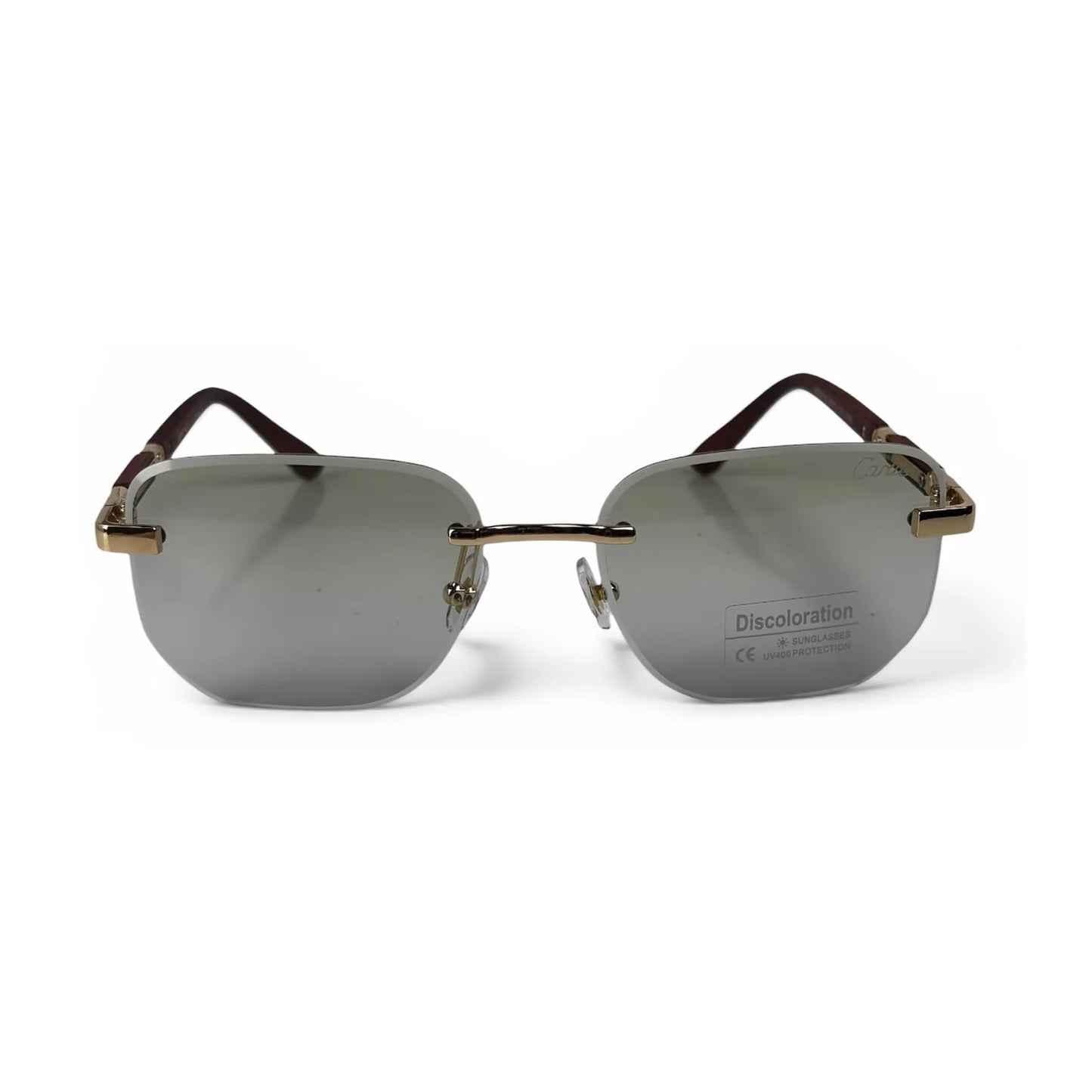 The Auren Rimless Geometric sunglasses in Gold Brown with Light Green lenses, straight front view