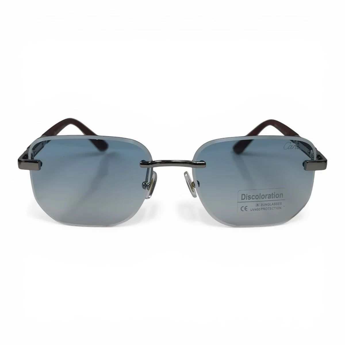 The Auren Rimless Geometric sunglasses in Gold Burgundy with Blue Gradient lenses, straight front view