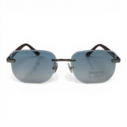 The Auren Rimless Geometric sunglasses in Gold Burgundy with Blue Gradient lenses, straight front view