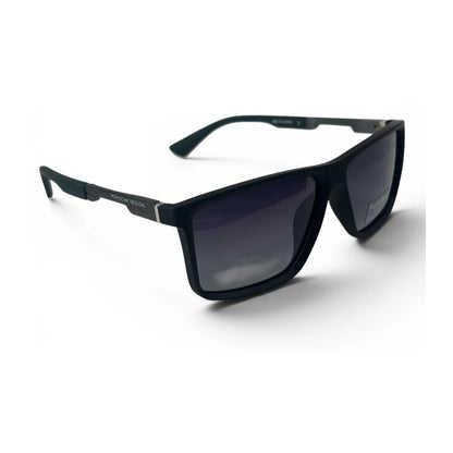 The Axiom Rectangle sunglasses in Black with Purple Gradient lenses, angled three-quarter view