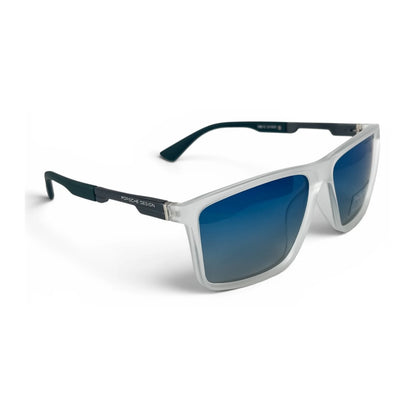 The Axiom Rectangle sunglasses in Clear White with Blue Gradient lenses, angled three-quarter view