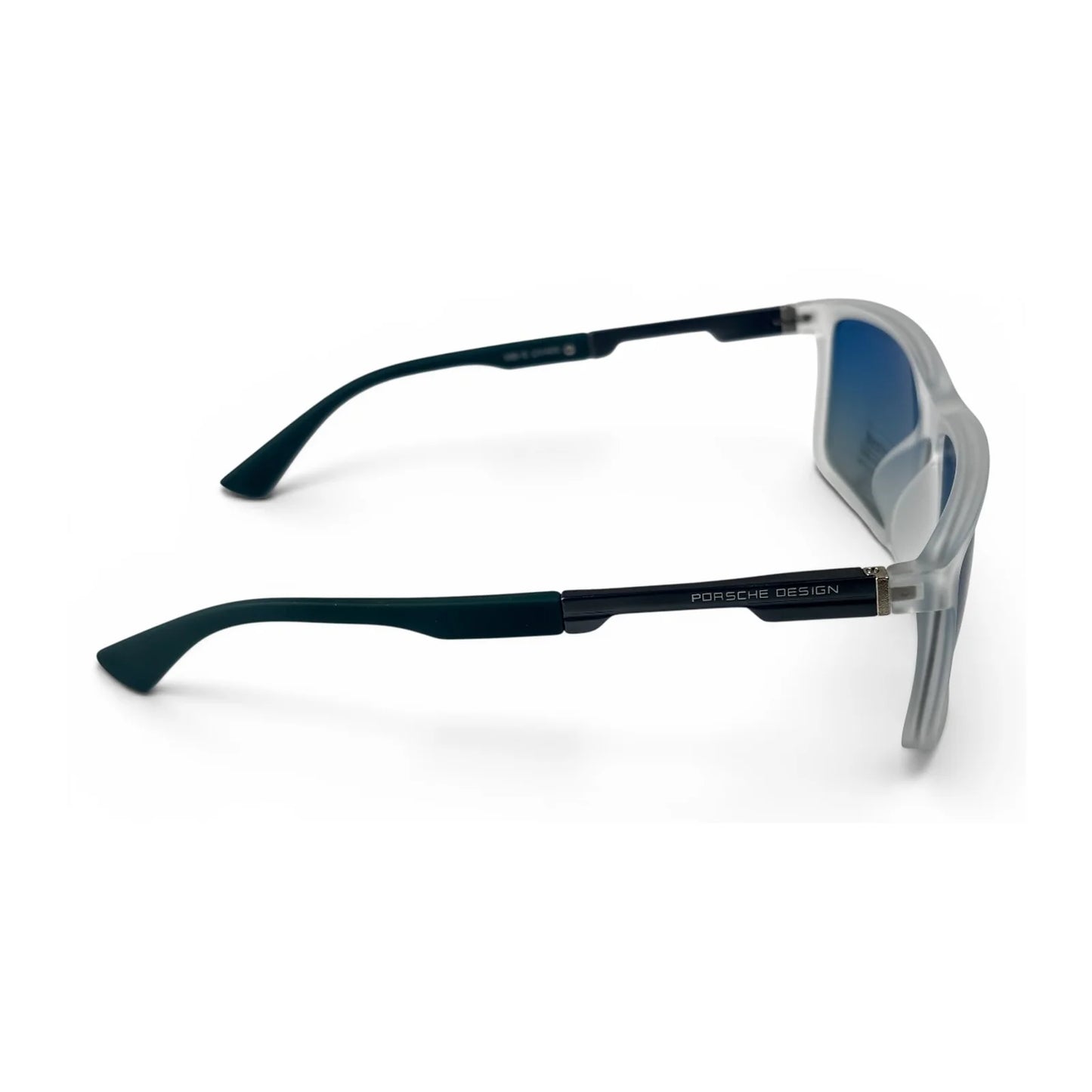 The Axiom Rectangle sunglasses in Clear White with Blue Gradient lenses, side profile view