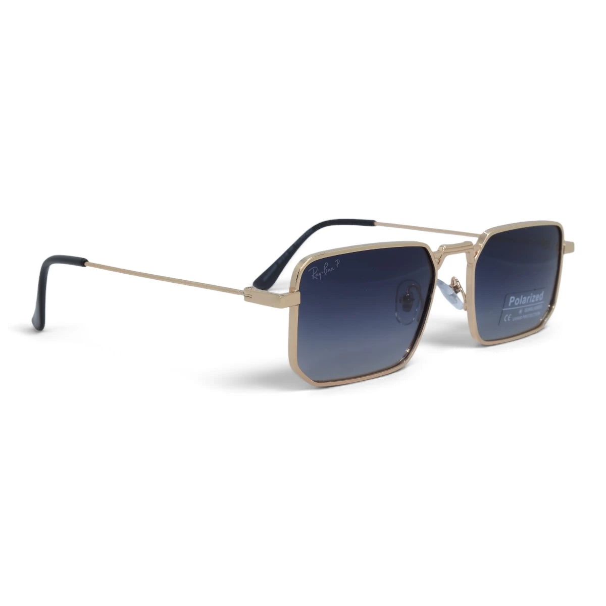 U&EYE The Axton rectangle polarized sunglasses in Gold / Dark Blue — angled view