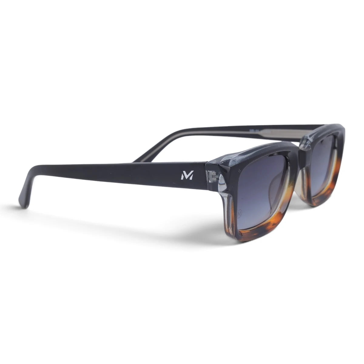 U&EYE The Bastian chunky square sunglasses in Black-Amber Ombré / Violet-Blue Gradient — angled view