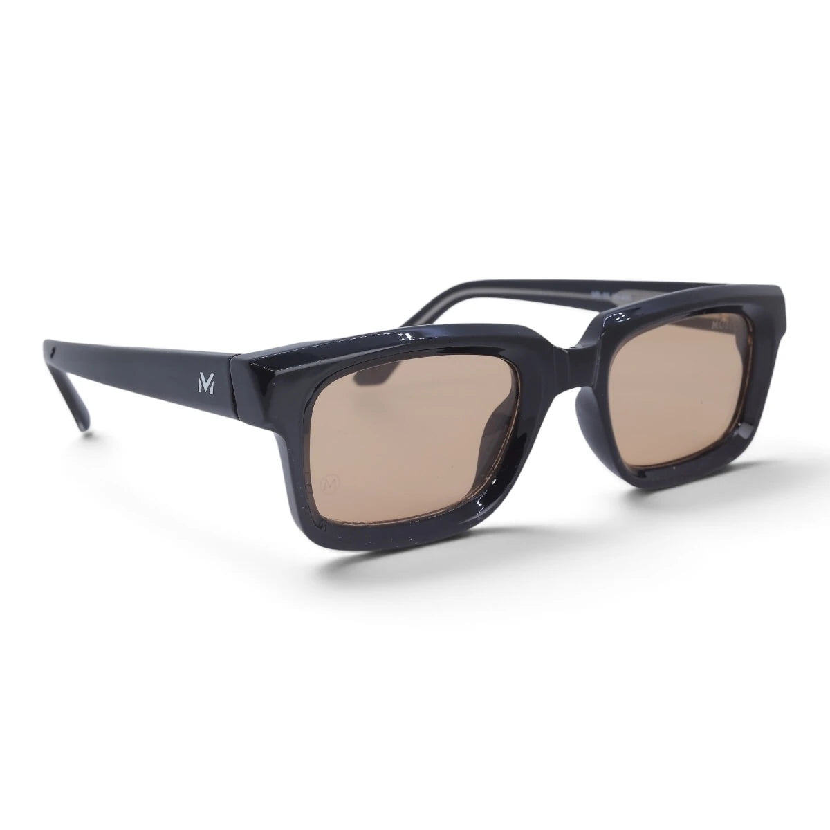 U&EYE The Bastian chunky square sunglasses in Polished Black / Champagne Mirror — angled view