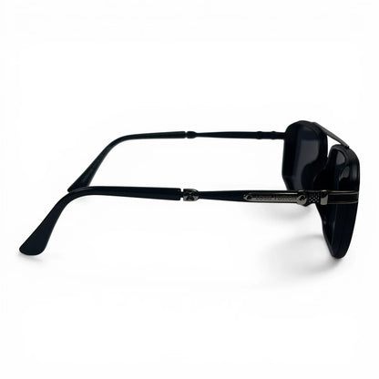 The Caden Square sunglasses in Black with Dark Gray lenses, side profile view