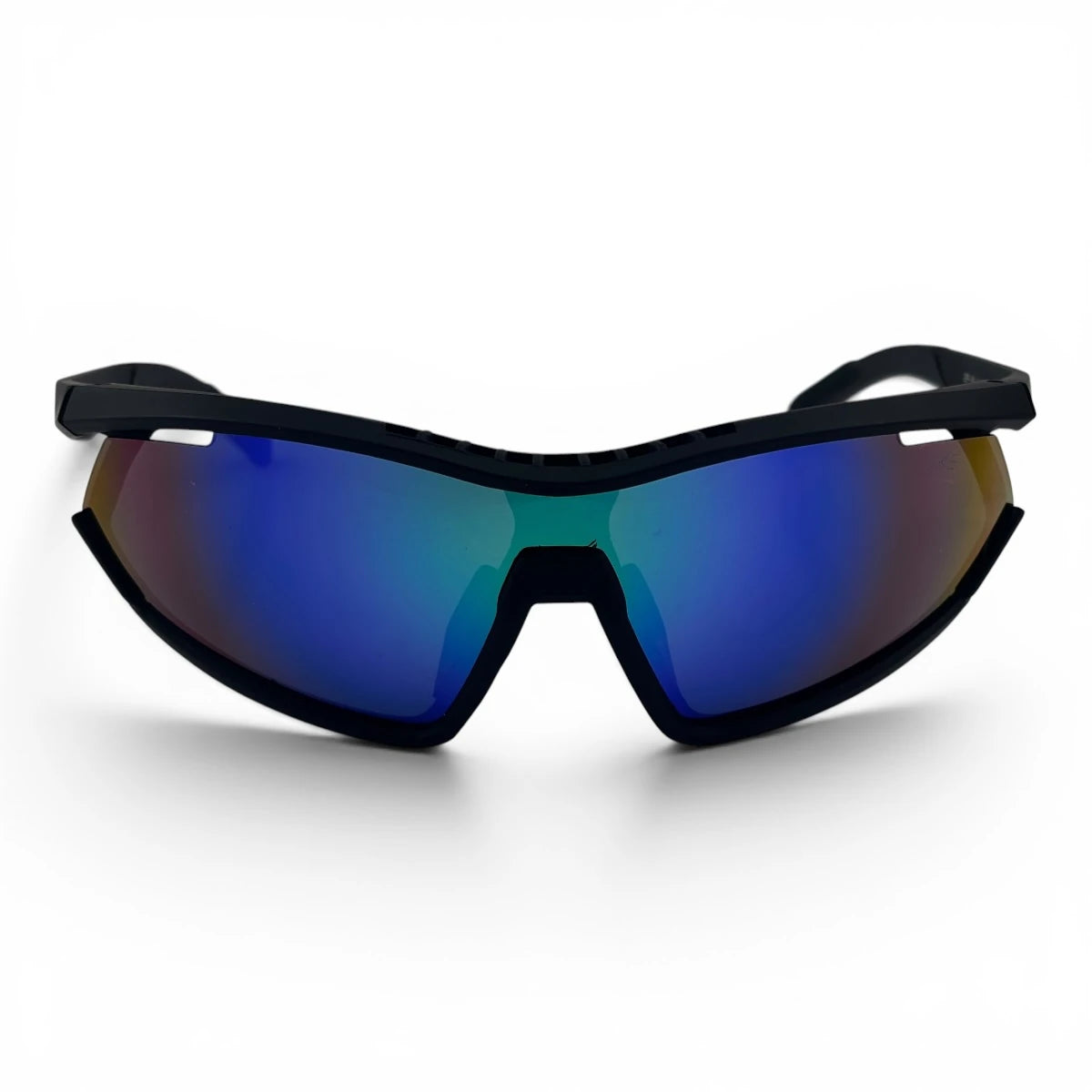 The Glide Sport Shield sunglasses in Black with Blue Purple Mirror lenses, angled three-quarter view