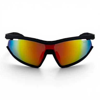 The Glide Sport Shield sunglasses in Black with Red Yellow Mirror lenses, angled three-quarter view