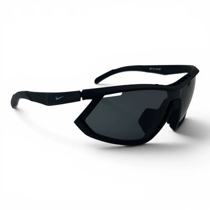 The Glide Sport Shield sunglasses in Black with Smoke lenses, straight front view