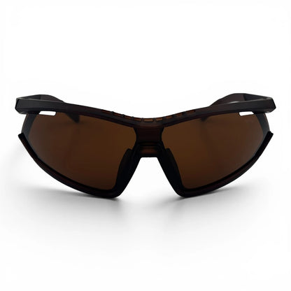 The Glide Sport Shield sunglasses in Brown with Brown lenses, angled three-quarter view