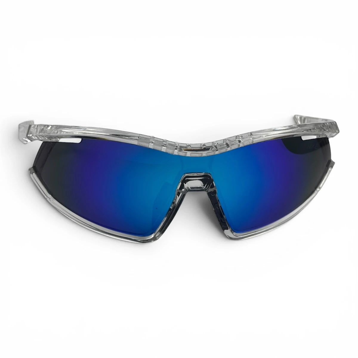 The Glide Sport Shield sunglasses in Clear with Blue Mirror lenses, angled three-quarter view