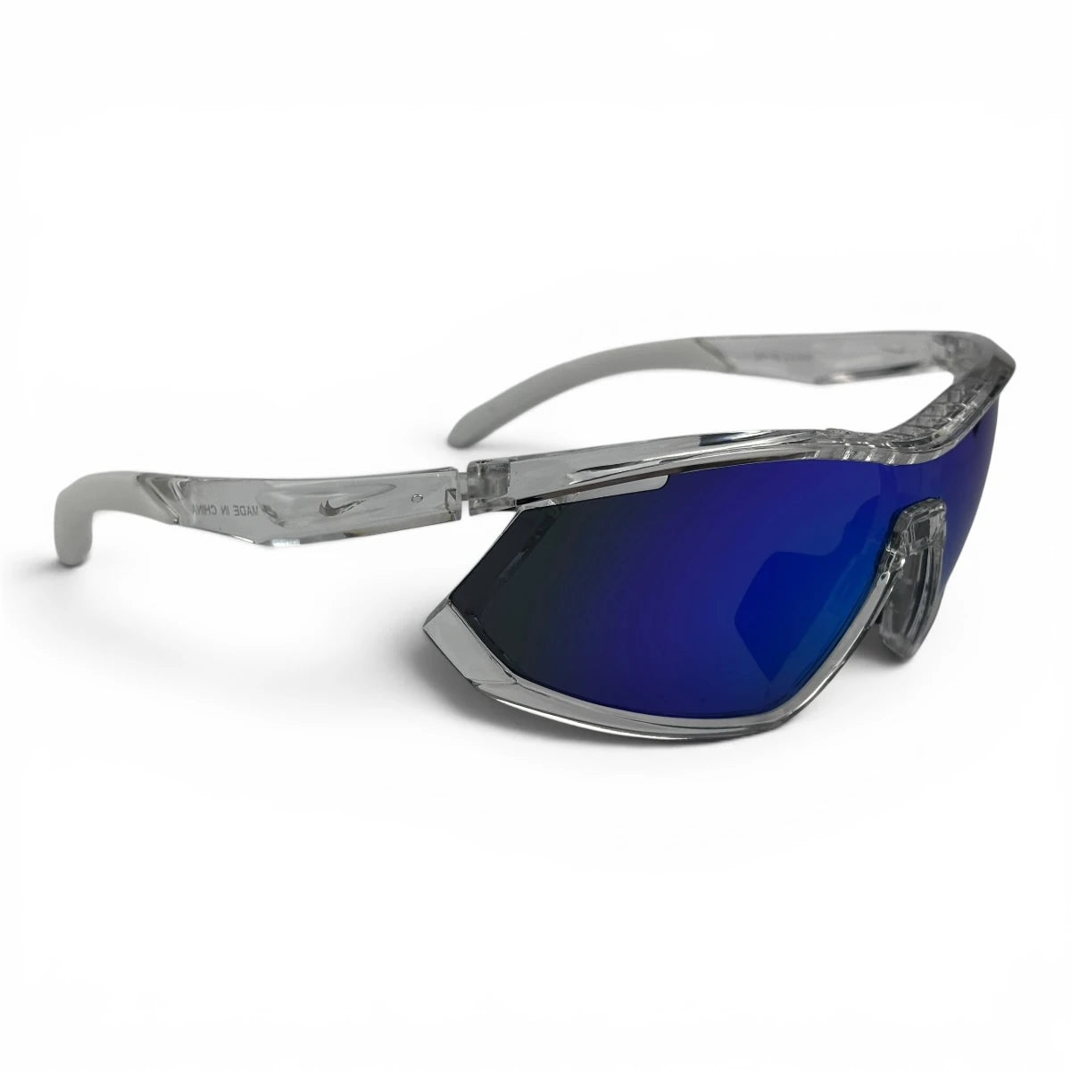 The Glide Sport Shield sunglasses in Clear with Blue Mirror lenses, straight front view
