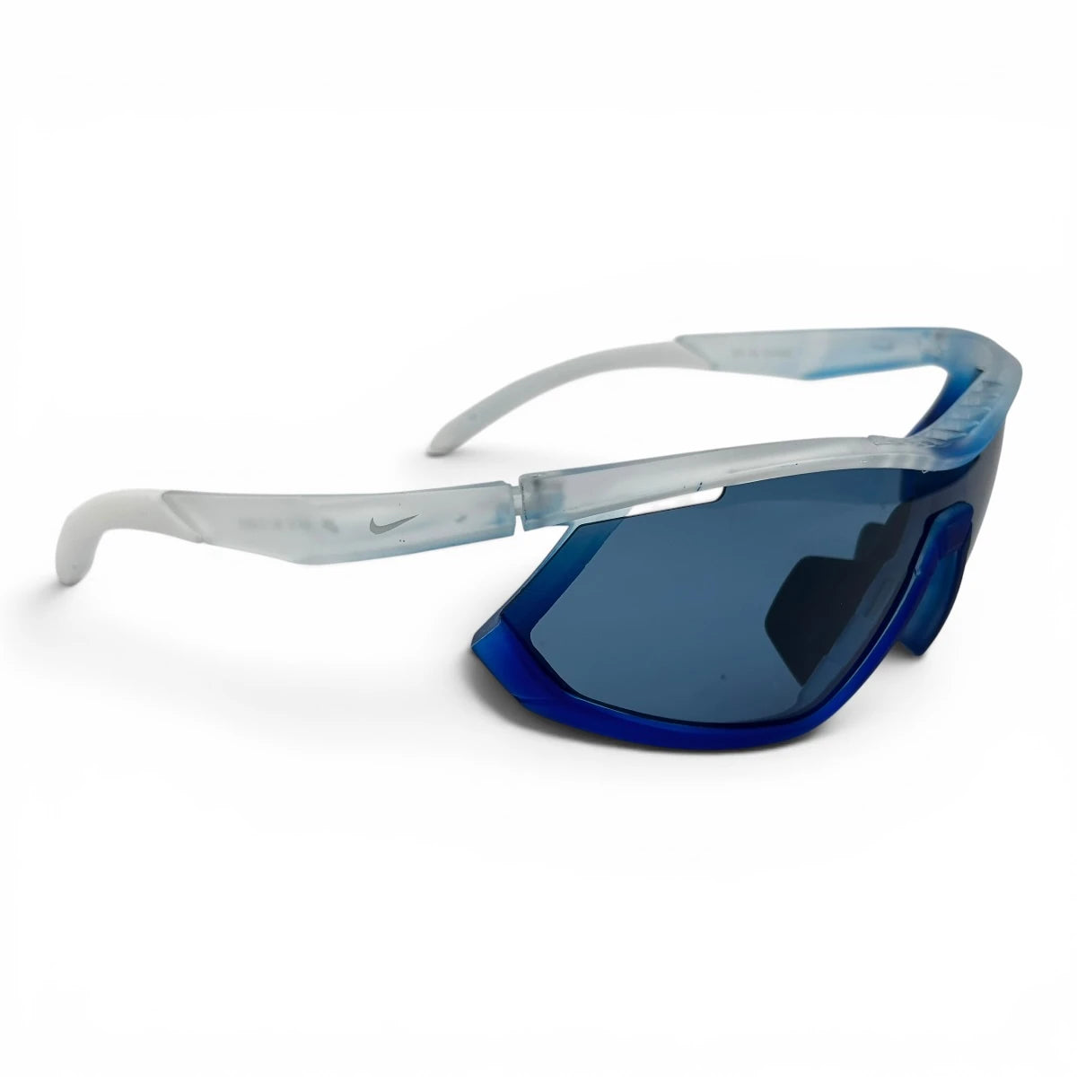 The Glide Sport Shield sunglasses in White with Blue lenses, straight front view