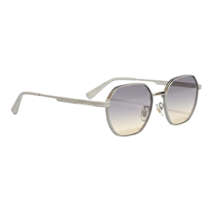 Silver geometric sunglasses with champagne gradient lenses, angled view