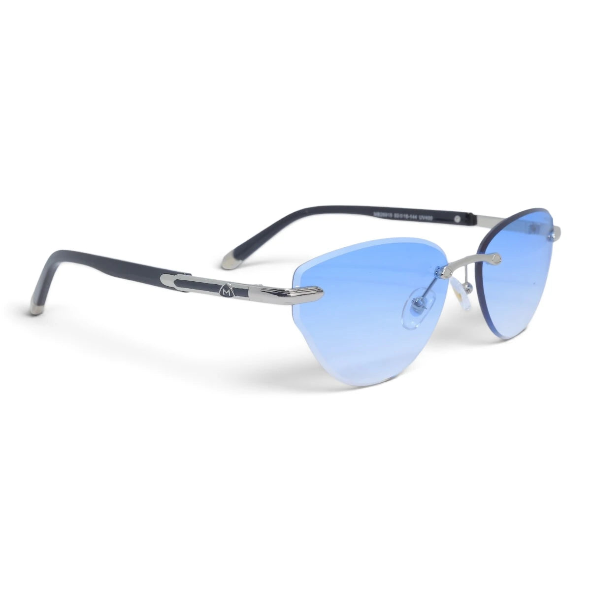 U&EYE The Ilyra rimless geometric sunglasses in Silver / Sky Blue — angled view