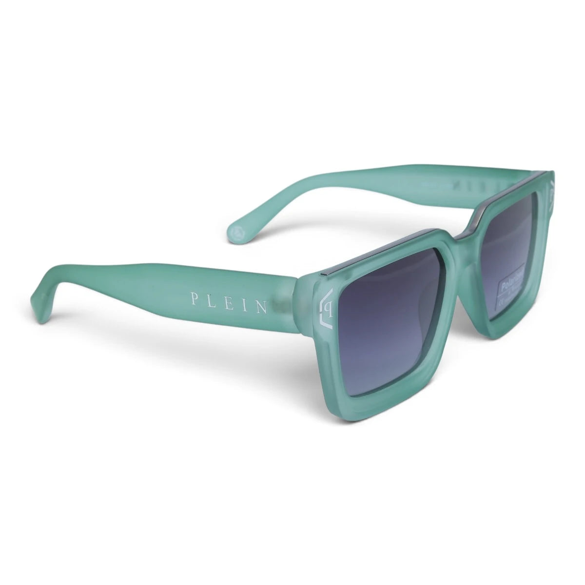 U&EYE The Kael chunky rectangle polarized sunglasses in Mint Crystal / Violet-Gray Gradient — angled view