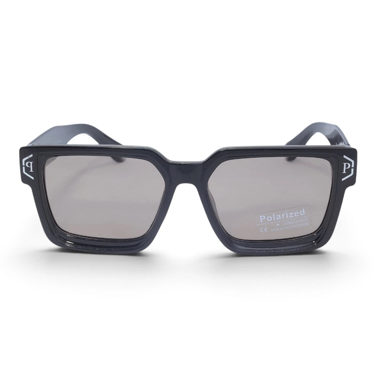 U&EYE The Kael chunky rectangle polarized sunglasses in Polished Black / Silver Mirror — front view
