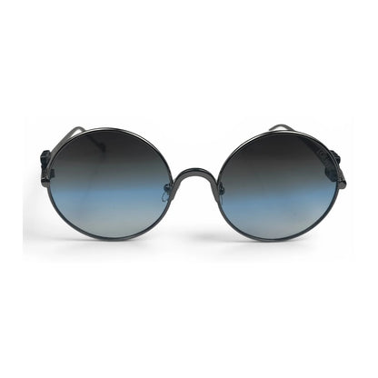 The Liora Round sunglasses in Black with Blue Gradient lenses, straight front view