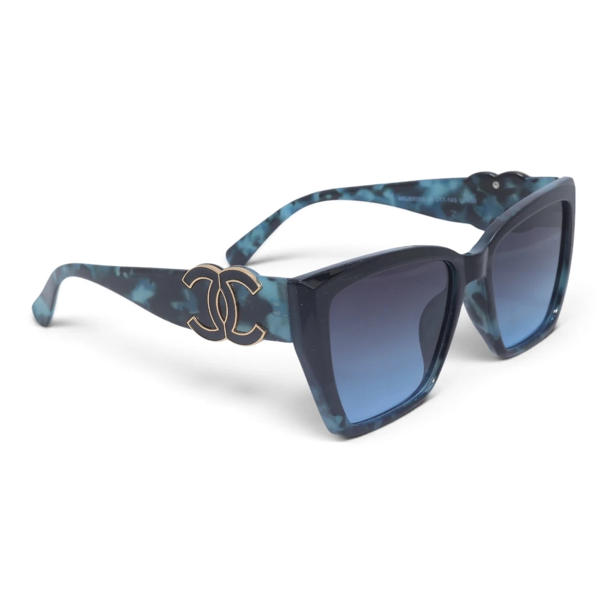 U&EYE The Marais cat-eye sunglasses in Blue Tortoise / Blue Gradient — angled view