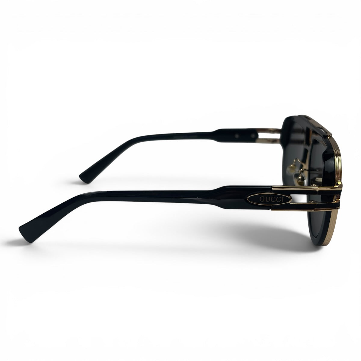 The Marlow Double-Bridge Square sunglasses in Black Gold with Dark Gray lenses, side profile view