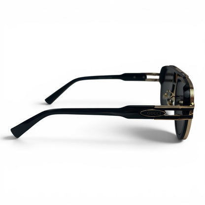 The Marlow Double-Bridge Square sunglasses in Black Gold with Dark Gray lenses, side profile view