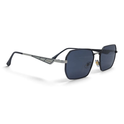U&EYE The Orion hexagonal rectangle sunglasses in Gunmetal / Navy — angled view